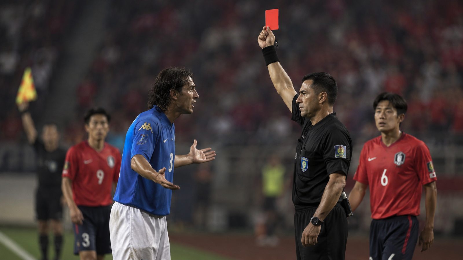 A referee raises a red card as an Italian player protests during a tense match against South Korea, evoking the disputed officiating at the 2002 World Cup.