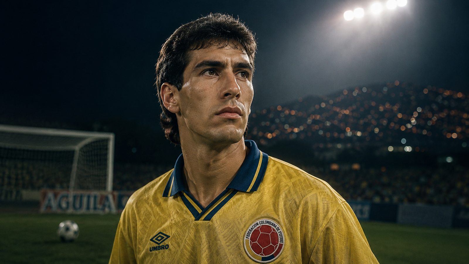 Andrés Escobar in a yellow Colombia jersey stands under stadium lights with a serious expression, evoking the tragedy that followed the 1994 World Cup.